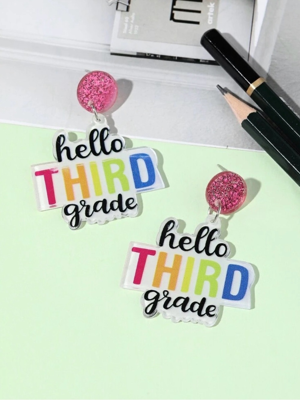 Hello Third Grade Rainbow Acrylic Earrings